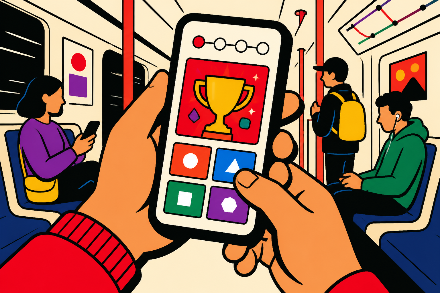 Eine Person spielt ein Quiz auf ihrem Smartphone in einer U-Bahn.
