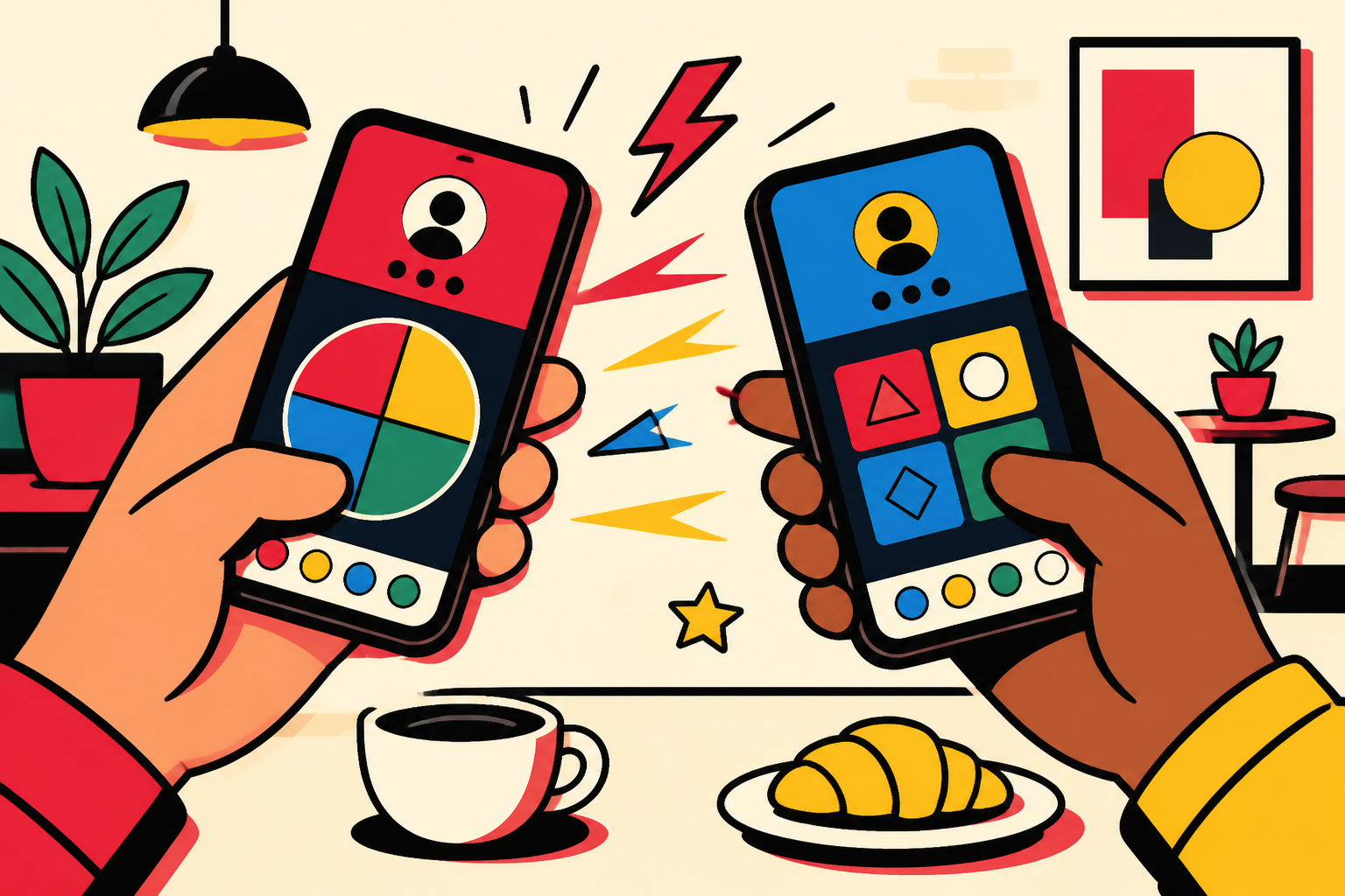 Zwei Personen sitzen sich gegenüber und blicken gespannt auf ihre Smartphones.