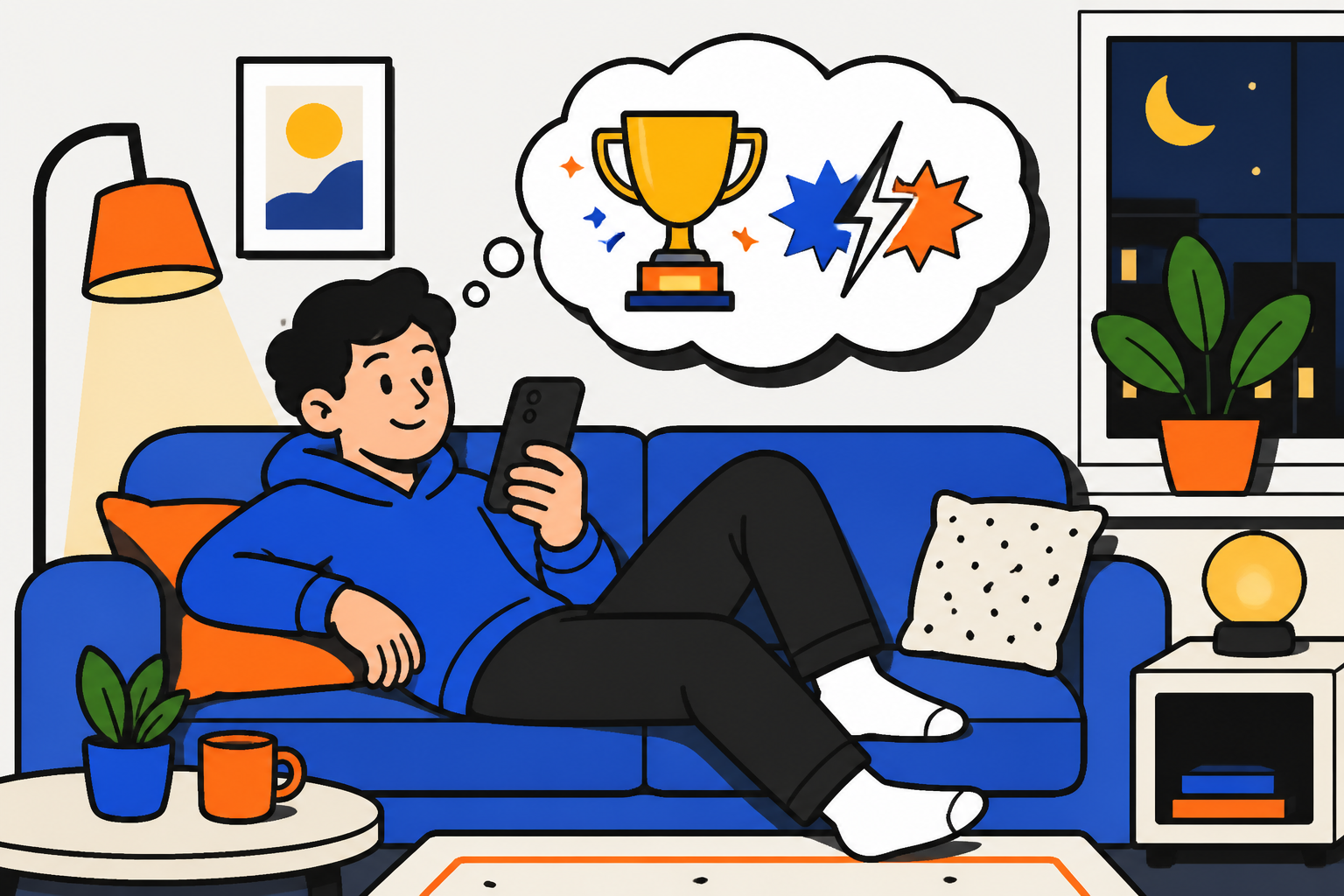 Eine Person entspannt auf einem Sofa und spielt ein Quiz auf ihrem Handy.