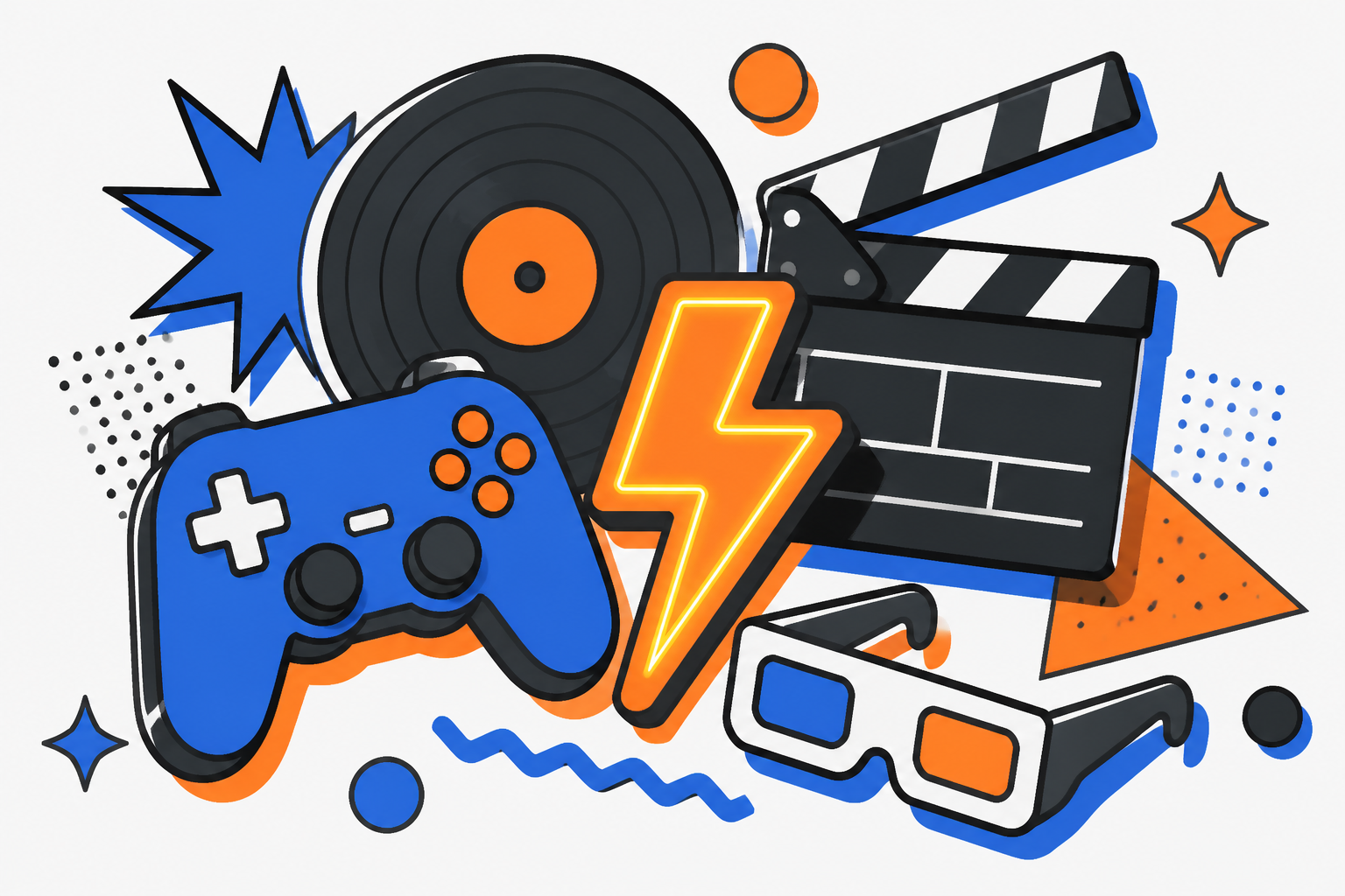 Illustration von bunten Symbolen für Musik, Gaming und Film im Pop-Art-Stil.